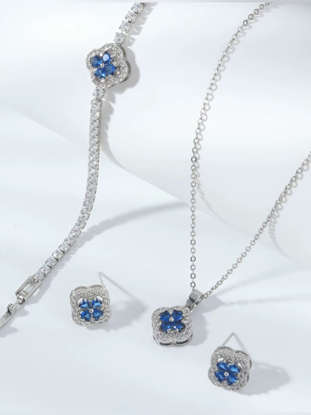 White Gold Plated, Clover Floral Pendant & Stud Earring Set